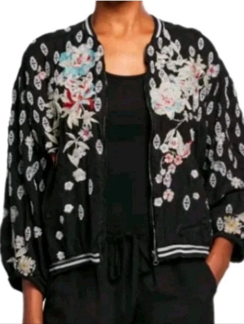 Johnny Was Nancy Bomber Jacket Oversized L Reversible Black Floral Embroidered
